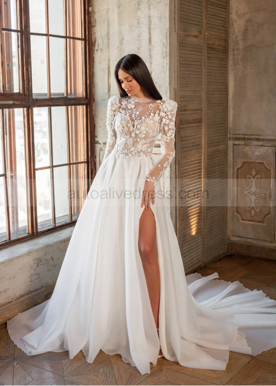 Beaded Ivory Lace Organza Slit Dreamy Wedding Dress